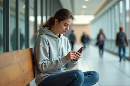 Étudiante consultant le portail Econdidat Paris 8 sur son smartphone dans un couloir universitaire moderne