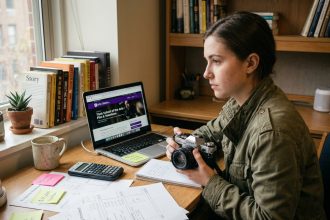 Étudiante en cinéma calculant le budget de sa formation dans son appartement, entourée de documents scolaires et d'une caméra argentique