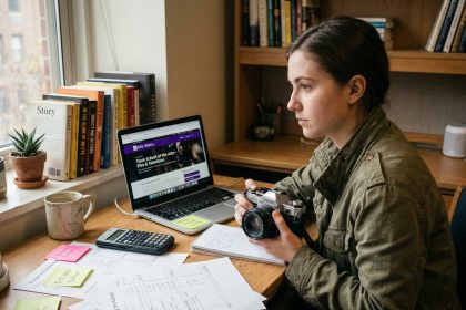 Étudiante en cinéma calculant le budget de sa formation dans son appartement, entourée de documents scolaires et d'une caméra argentique
