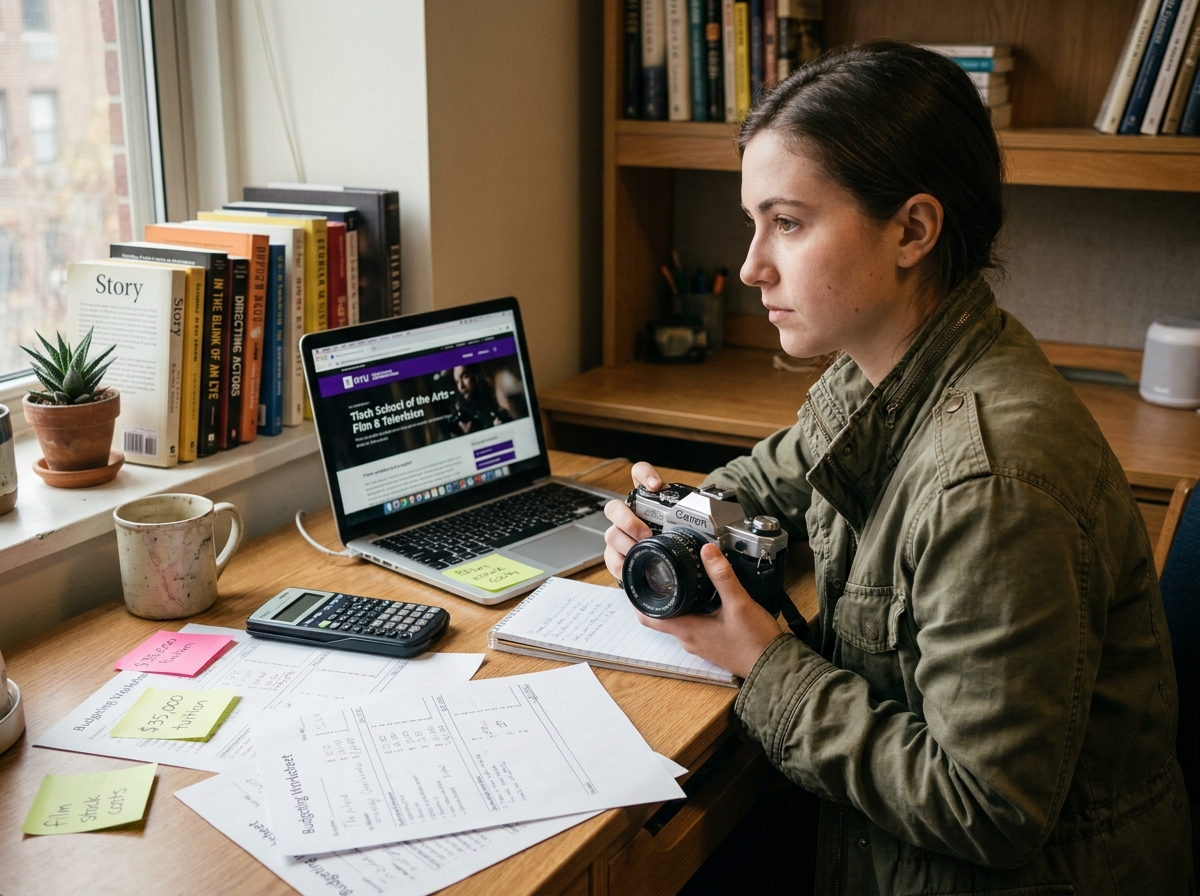Étudiante en cinéma calculant le budget de sa formation dans son appartement, entourée de documents scolaires et d'une caméra argentique