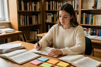 Étudiante prenant des notes sur les connecteurs logiques dans un cahier de français ouvert sur un bureau en bois