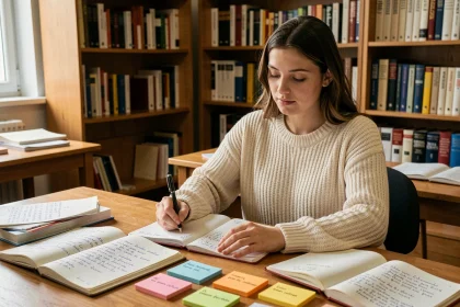 Étudiante prenant des notes sur les connecteurs logiques dans un cahier de français ouvert sur un bureau en bois