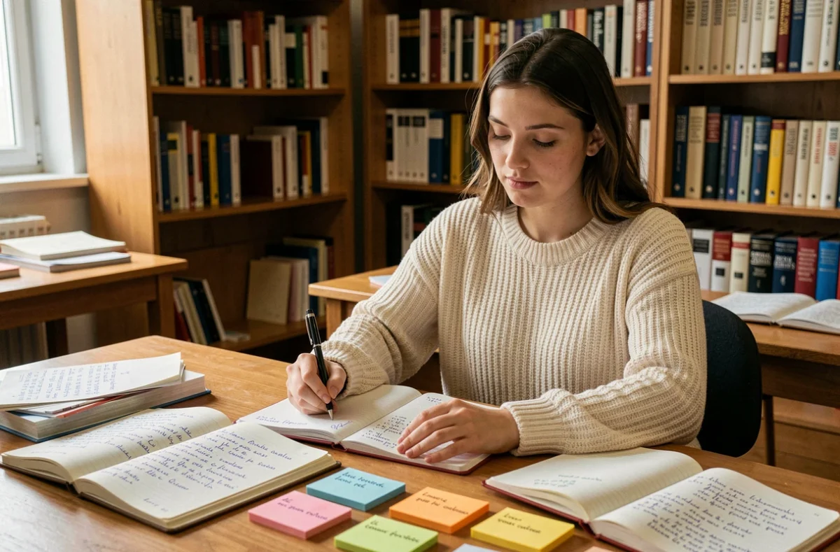 Étudiante prenant des notes sur les connecteurs logiques dans un cahier de français ouvert sur un bureau en bois