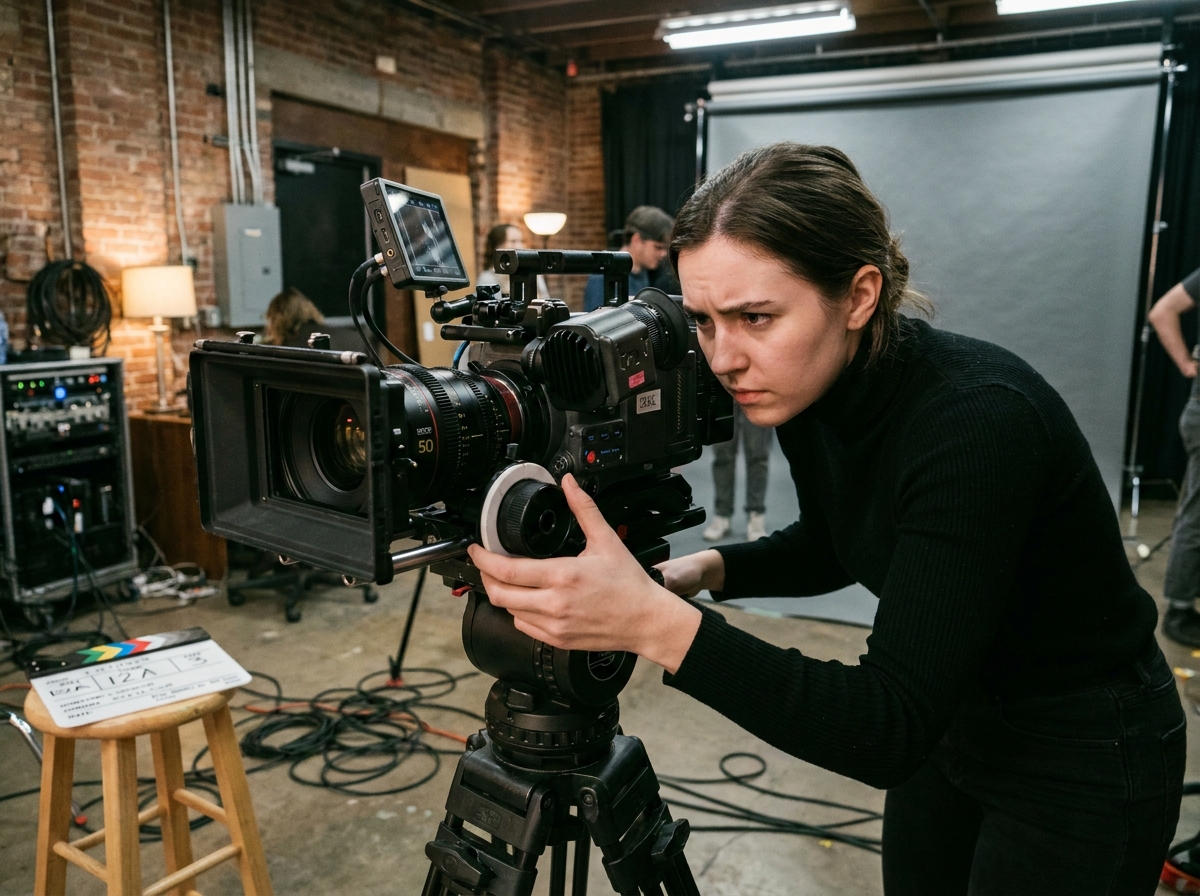 Étudiante en école de cinéma réglant une caméra professionnelle dans un studio de tournage