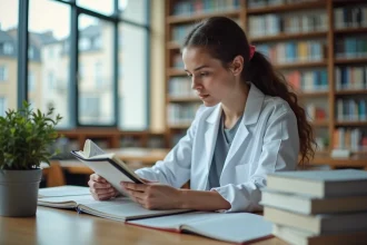 Jeune étudiante en médecine lisant un livre d'ORL à la bibliothèque