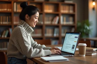 Étudiante utilisant la plateforme NetYParéo sur un ordinateur portable dans une bibliothèque universitaire