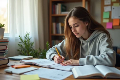 Étudiante révisant ses notes avec un tableau de coefficients BCE pour optimiser ses matières fortes