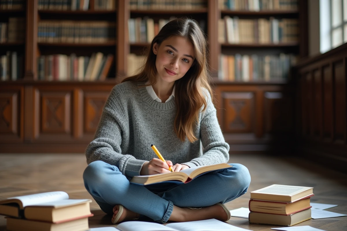 Étudiante surlignant le tableau de conjugaison du verbe connaître au passé simple dans un manuel de grammaire française à la bibliothèque