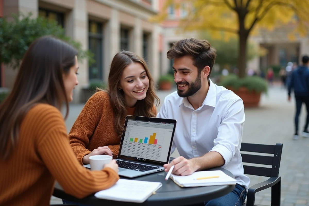 Deux étudiants en prépa travaillant ensemble sur l'optimisation des coefficients BCE en terrasse campus