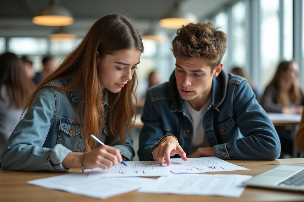 Deux étudiants comparant leurs notes et coefficients de matières dans une cafétéria universitaire