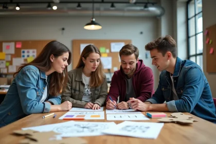 Étudiants en design collaborant autour d'une table de travail couverte de prototypes et de croquis dans une académie créative