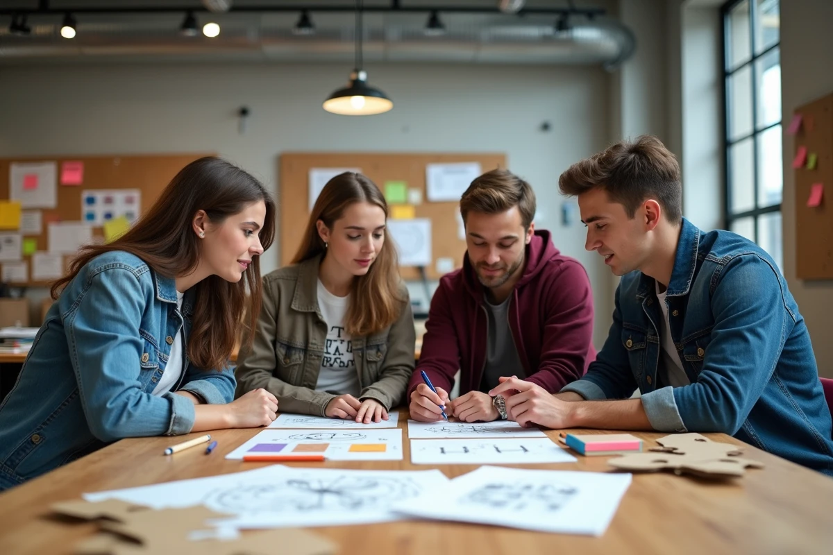 Étudiants en design collaborant autour d'une table de travail couverte de prototypes et de croquis dans une académie créative