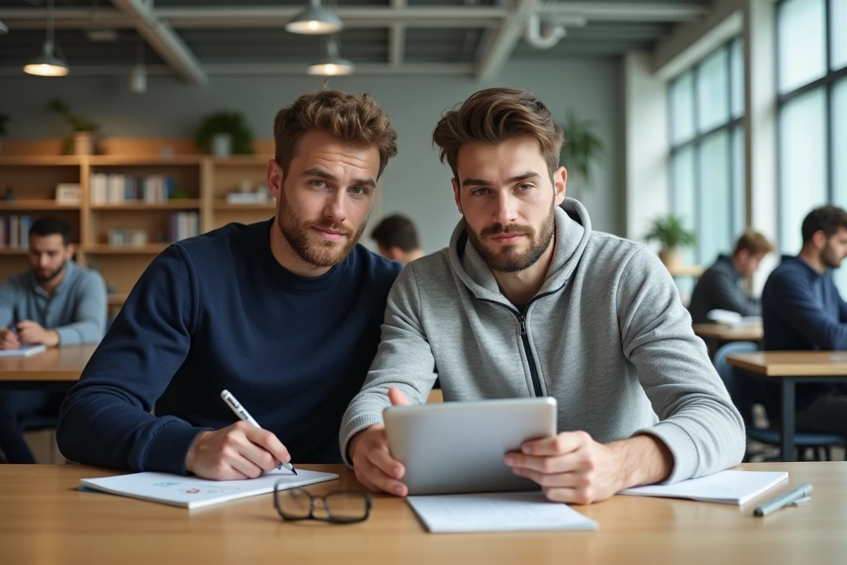 Deux étudiants en innovation travaillant ensemble sur un modèle 3D dans un open-space universitaire moderne