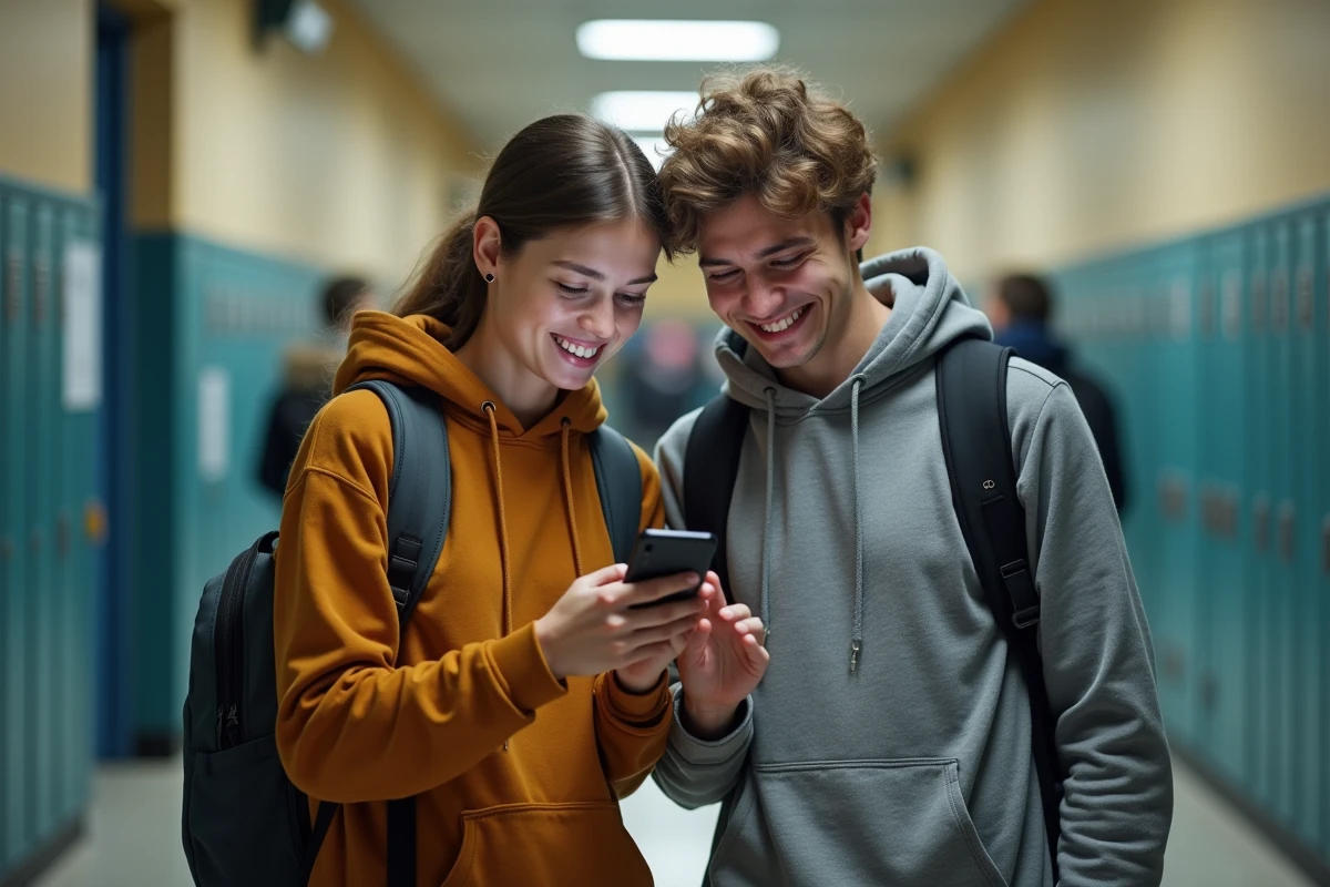 Deux étudiants consultant leur emploi du temps NetYParéo sur un smartphone dans un couloir scolaire
