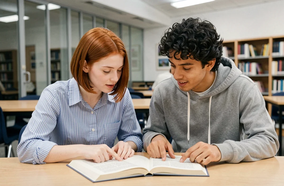 Deux étudiants universitaires comparant des romans espagnols pour étudier le subjonctif imparfait en bibliothèque