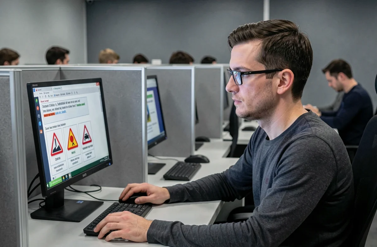 Candidat passant l'examen du code de la route sur ordinateur dans un centre d'examen officiel