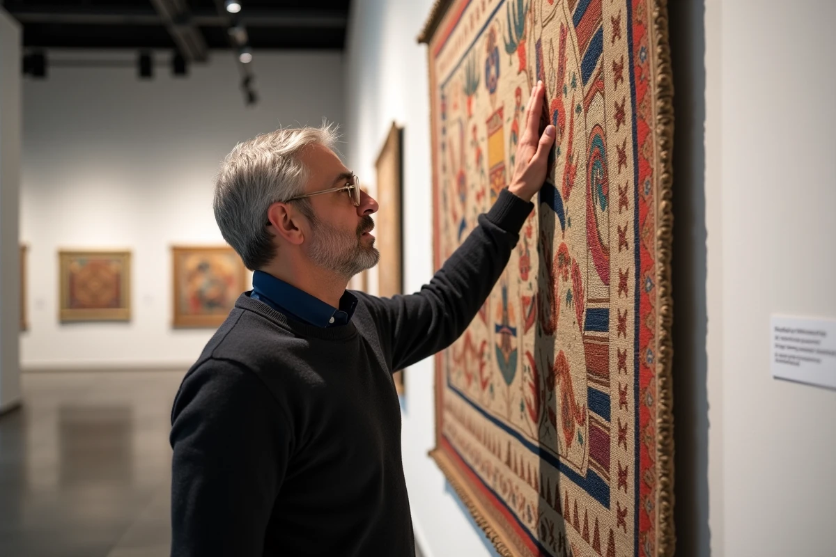 Homme examinant une grande tapisserie gobelin exposée dans une galerie d'art contemporain aux murs blancs et au sol en béton