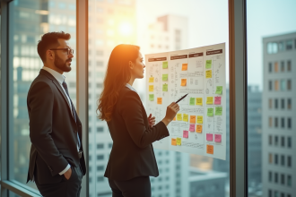 Femme d'affaires confiante analysant des flux de travail