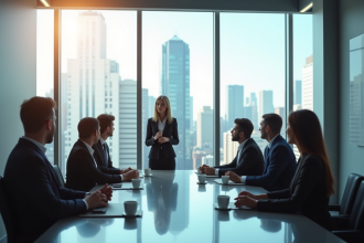 Femme d'affaires confiante lors d'une réunion avec équipe
