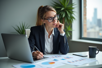 Femme d'affaires en réunion avec graphiques marketing