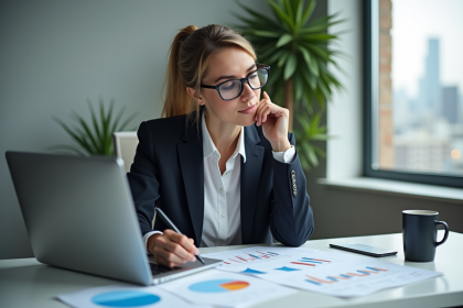 Femme d'affaires en réunion avec graphiques marketing