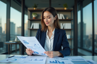 Femme en blazer navy examinant des graphiques dans un bureau moderne
