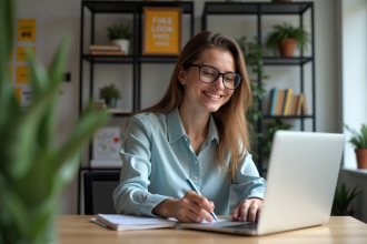 Jeune femme souriante en formation en ligne dans un bureau moderne