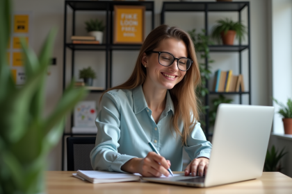 Jeune femme souriante en formation en ligne dans un bureau moderne