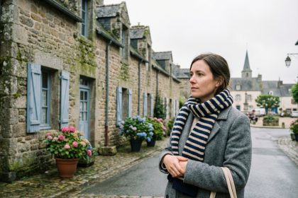 Femme en manteau laine et foulard dans une rue bretonne
