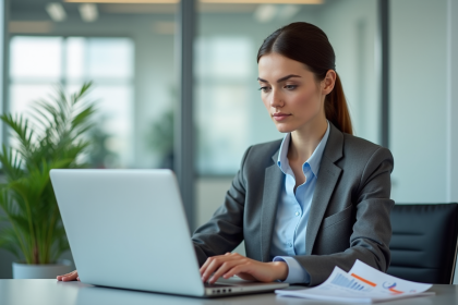 Femme d affaires concentrée analysant des données sur son ordinateur