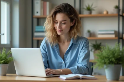 Femme au bureau &agrave; domicile travaillant sur son ordinateur