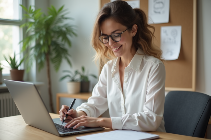 Jeune femme au bureau prenant des notes dans un environnement minimaliste