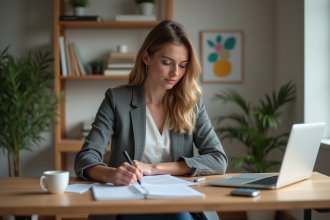 Jeune femme en bureau moderne organise ses notes