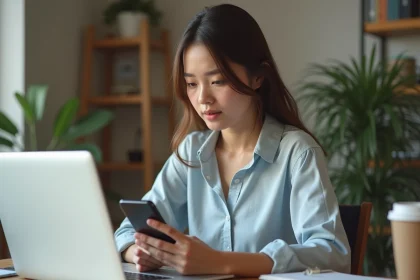 Jeune femme au bureau v&eacute;rifiant sa s&eacute;curit&eacute; informatique