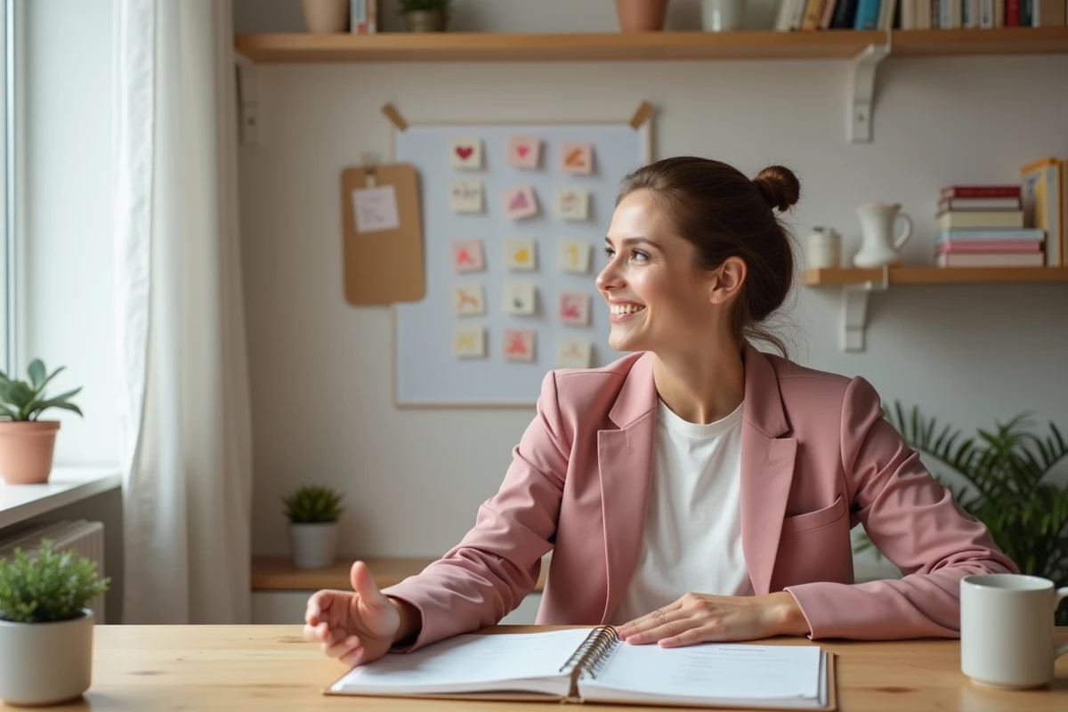 Femme motivée devant un tableau de visualisation dans un bureau à domicile organisé pour illustrer le développement personnel