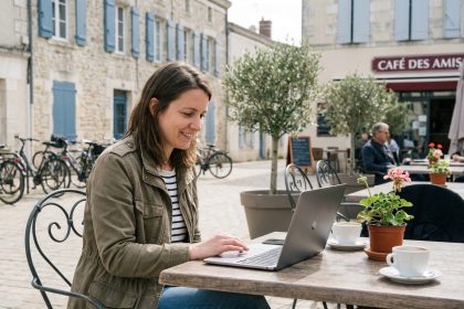 Femme souriante au café de Challans avec ordinateur