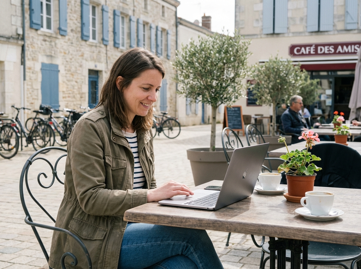 Femme souriante au café de Challans avec ordinateur