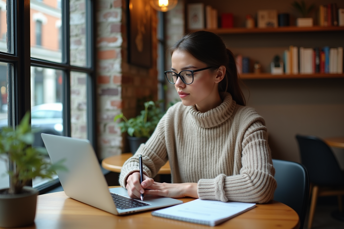 Jeune femme au cafe travaillant sur son ordinateur portable