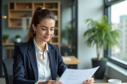 Femme élégante étudiant des documents de certification au bureau