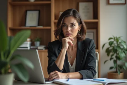 Femme confiante en bureau moderne en pleine r&eacute;flexion