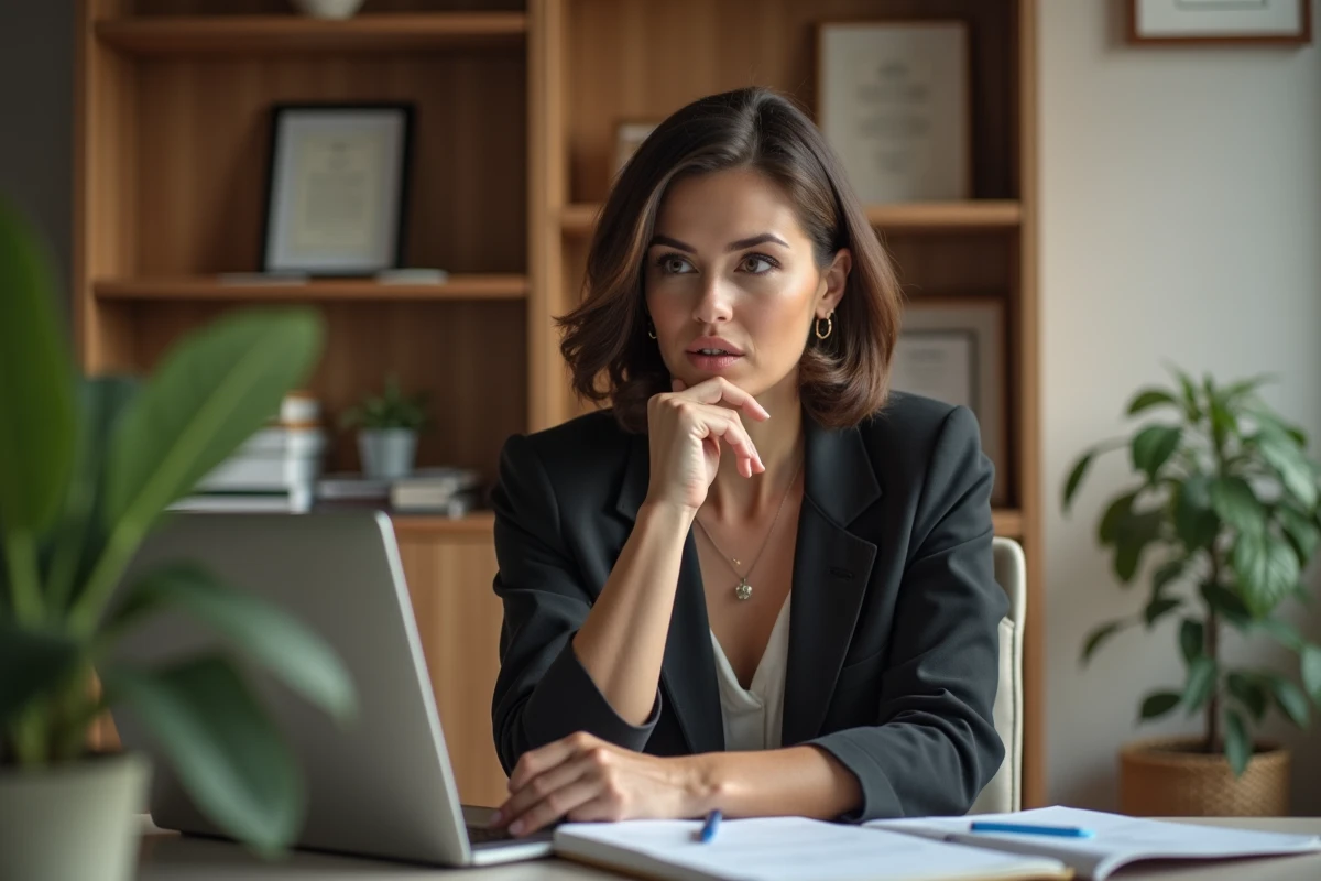 Femme confiante en bureau moderne en pleine réflexion