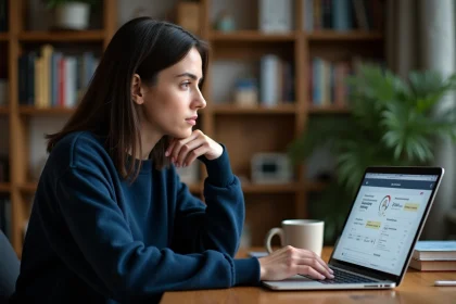 Femme consultant son compte CPF sur un ordinateur portable dans un bureau à domicile