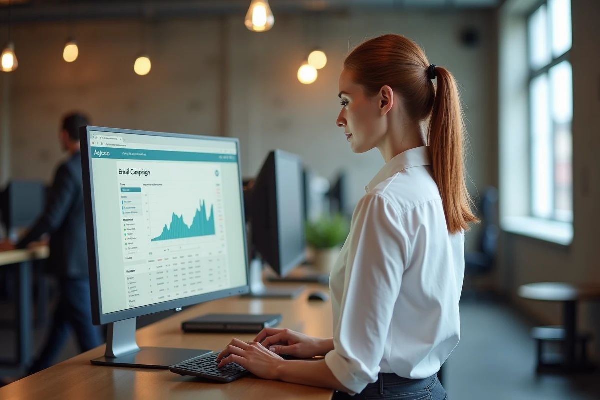 Femme debout dans un espace de coworking analysant des résultats de campagne email marketing sur un écran