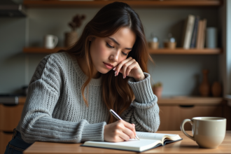 Femme en train d'écrire dans une ambiance chaleureuse