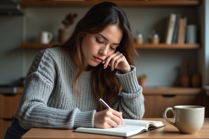 Femme en train d'écrire dans une ambiance chaleureuse
