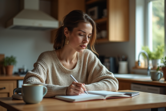 Femme assise à la cuisine en train d'écrire dans un journal