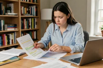 Jeune femme étudiant des questions de permis de conduire sur des documents PDF imprimés à son bureau