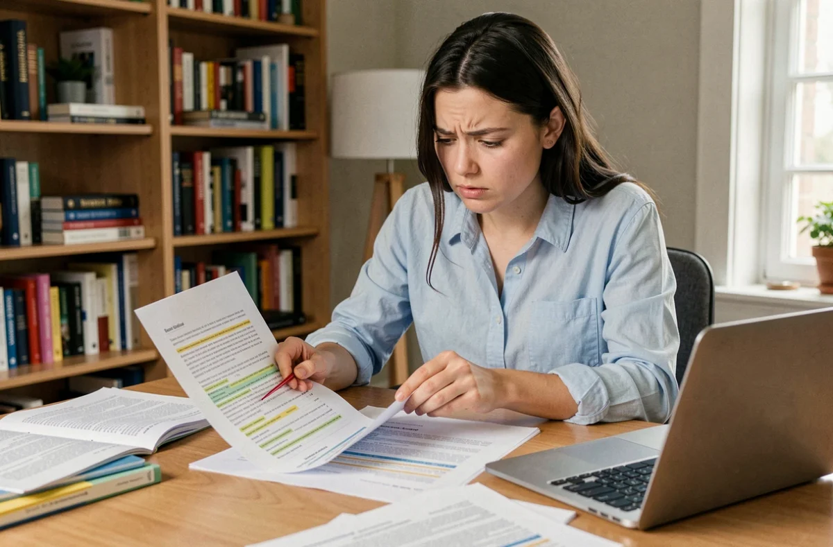 Jeune femme étudiant des questions de permis de conduire sur des documents PDF imprimés à son bureau