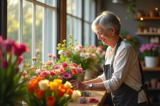 Femme fleuriste souriante arrangeant des bouquets colorés dans une boutique lumineuse