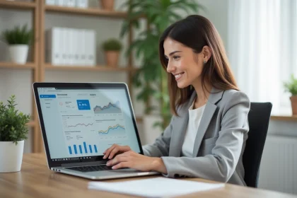 Femme devant un ordinateur portable consultant un tableau de bord d'email marketing pour une formation en ligne